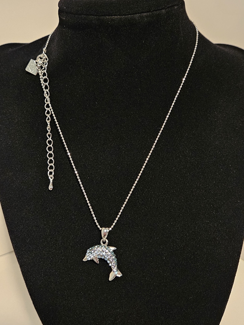 Cookie Lee Dolphin Necklace Cyrstals Rhinestones Silver Tone Signed Hang Tag